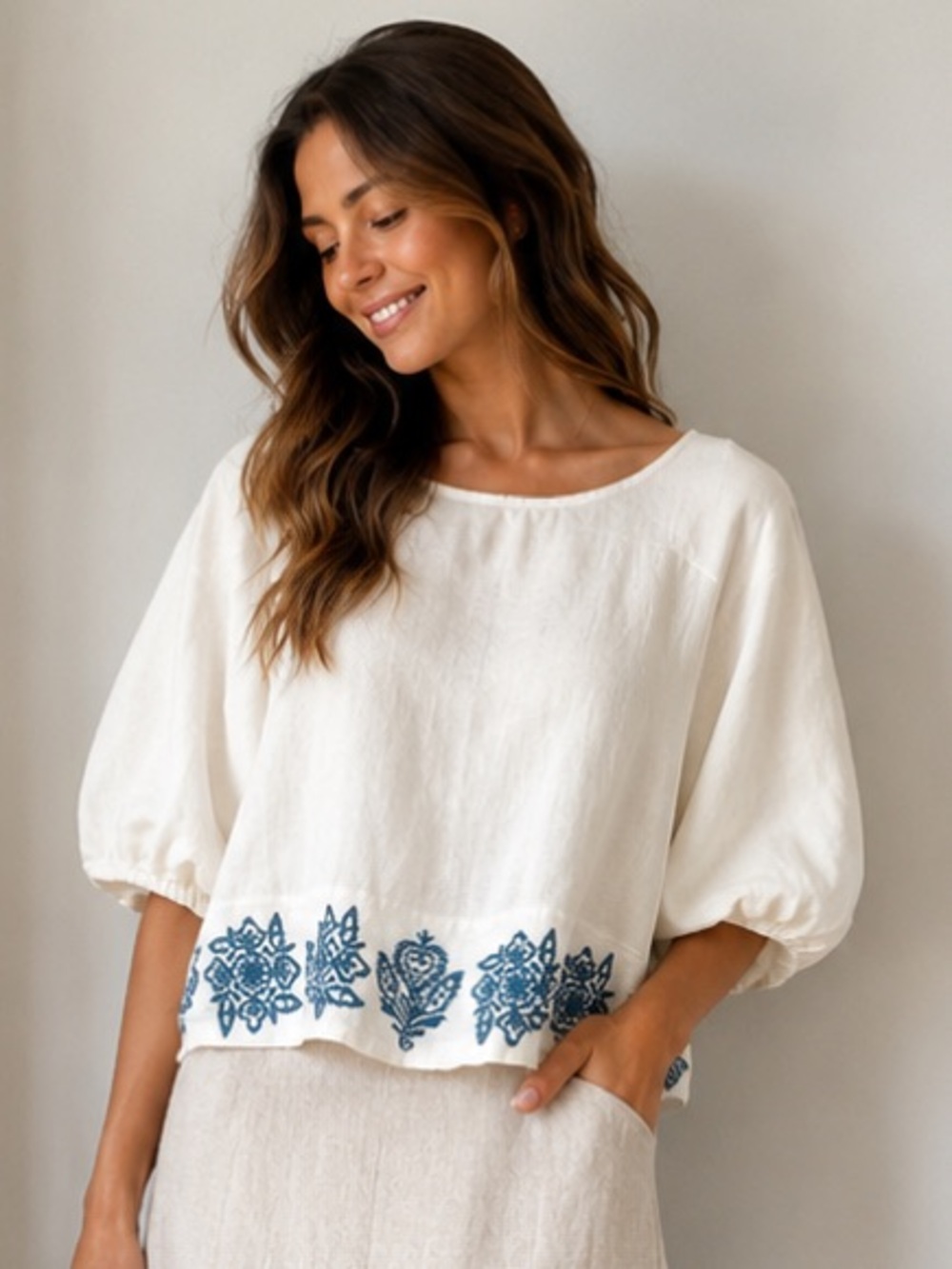 House of Harlow 1960 linen embroidered Cream Top